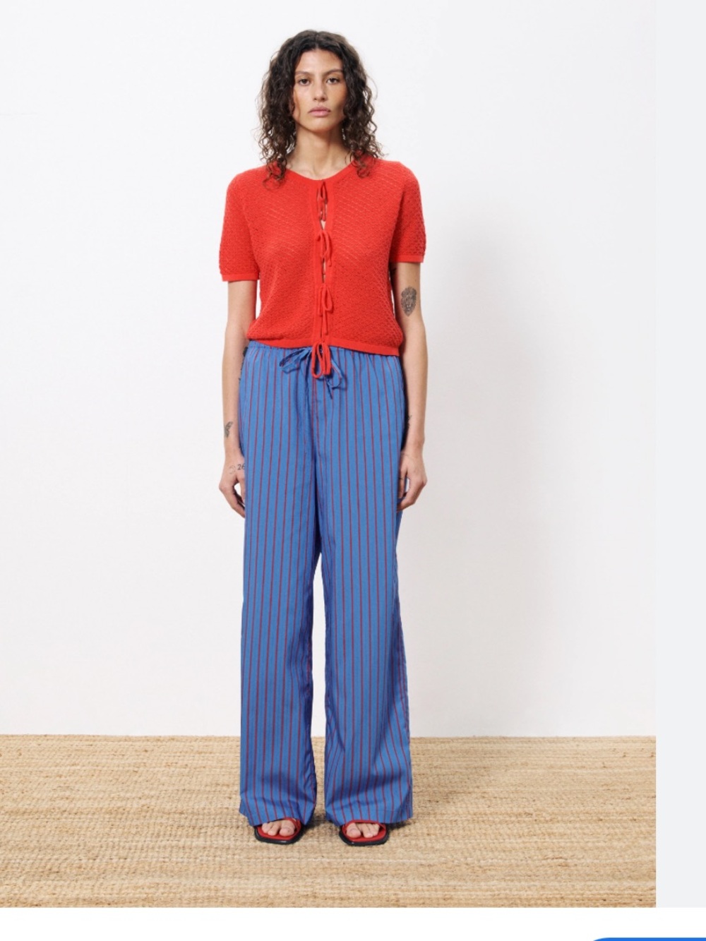 New without tags FRNCH Edeline Wide Leg Stripe Pants in Blue with Red Stripes - Picture 2 of 4